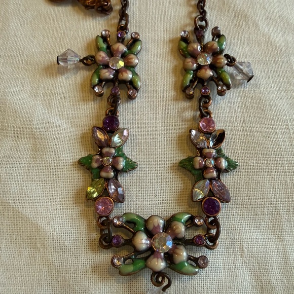 Cookie Lee Enamel Floral Green  and Pink  and crystals Necklace - Picture 6 of 8